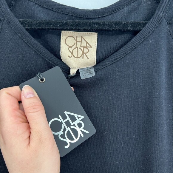 NWT CHASER Basic Black Long Sleeve Ruffle Open Neck Shirt Size Medium - Picture 4 of 5